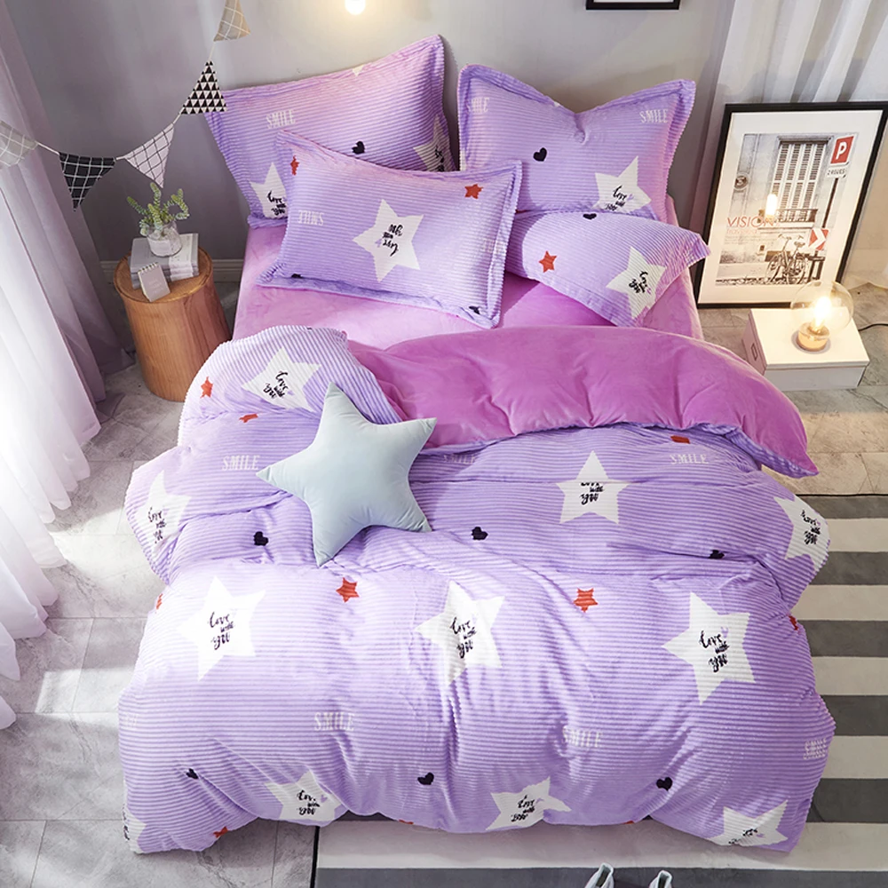 

2018 Purple Stars Stripes Bedding Sets Microfiber Fleece Duvet Cover Set Winter Thick Warm Queen King Size Bedlinens