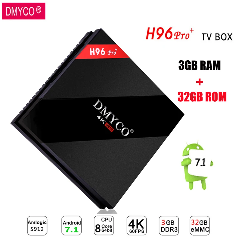 

DMYCO H96 Pro Android 7.1 Smart TV Box 3GB/32GB ROM Amlogic S912 Octa Core 4K HD Set Top Box BT 4.1 Support iptv Media Player