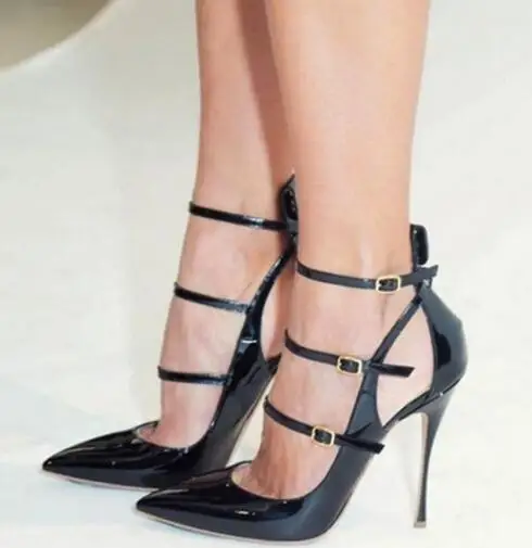 

Carpaton Black Patent Leather High Heel Shoes Woman Sexy Pointed Toe Buckle Strap Thin Heels Sandal Summer Party Dress Shoes