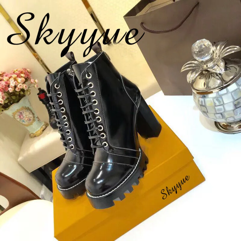 

SKYYUE New Genuine Leather Gladitaor Lace Up Women Winter Boots Round Toe Platform Thick Heel Chunky Heel Women Boots Shoes