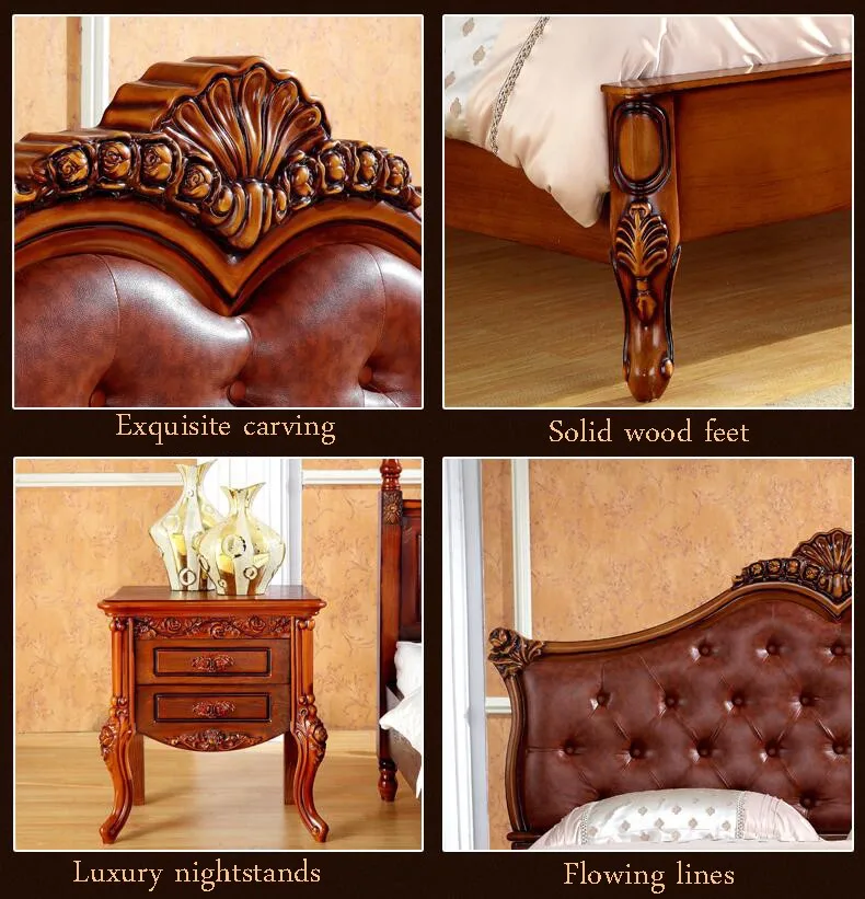 Современные европейские твердой древесины кровать мода резные натуральная кожа французский мебель для спальни 10322