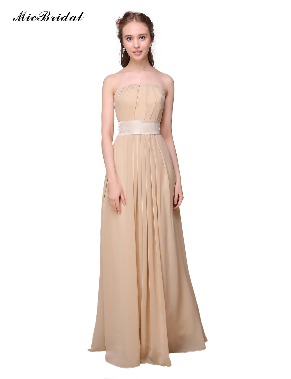 MicBridal Strapless Long Chiffon Champagne Bridesmaid Dresses 2016