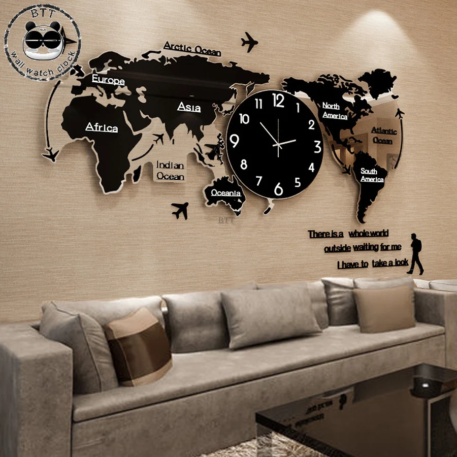 Тихая большая карта мира настенные часы Современный дизайн Акриловые 3D наклейки Подвесные часы сверкающий в темноте настенные часы