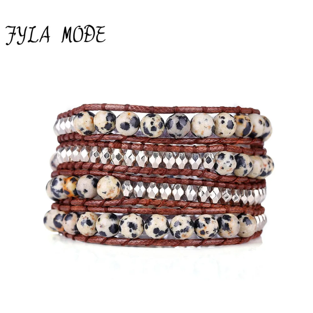 

Fyla Mode Exquisite Quail Egg Natural Stones 4 Layered Immitation Leather Wrap Bracelets Antique Weaving Bracelet Dropship Boho