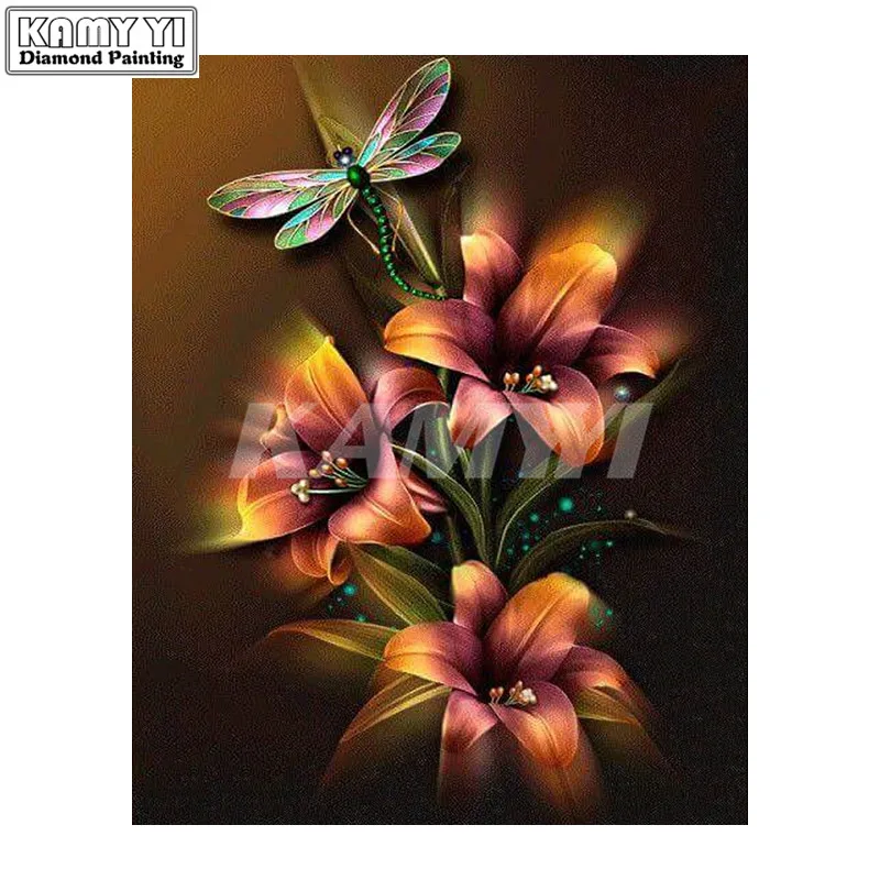 5D Diy Daimond Painting Golden Flowers&amp;Dragonfly 3D Diamond Painting Square Rhinestones Diamant Painting Embroidery_