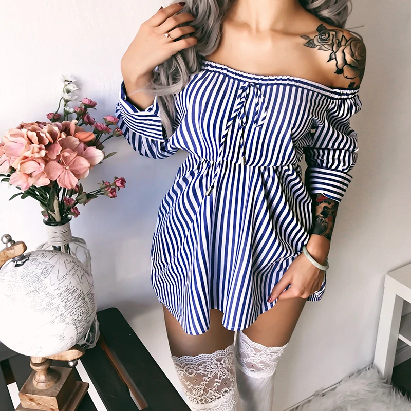 

2018 Sexy Off Shoulder Striped Mini Women Shirt Dress Long Sleeve Dress Women Beachwear vestidos WS3452R