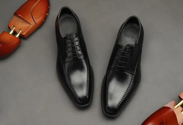 Итальянский новые мужские деловые кожаные обувь на шнуровке тонкий квадратный носок Мужская обувь ручной работы Мужской черный