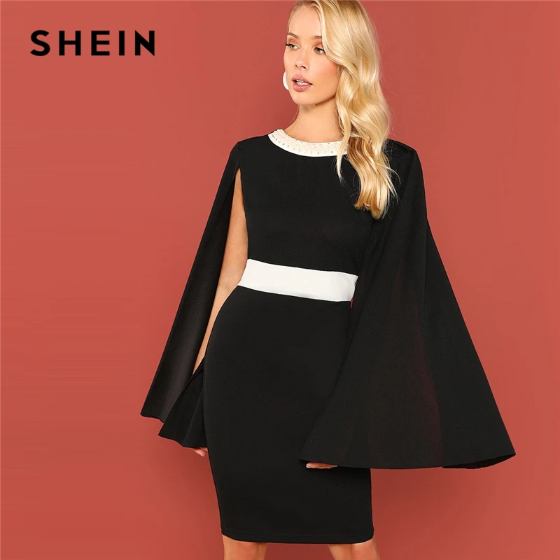 Koop SHEIN Black Office Lady Colorblock Parel Kralen Contrast Panel Cape Cloak Mouwen Skinny Jurk Herfst Elegante Vrouwen Jurken