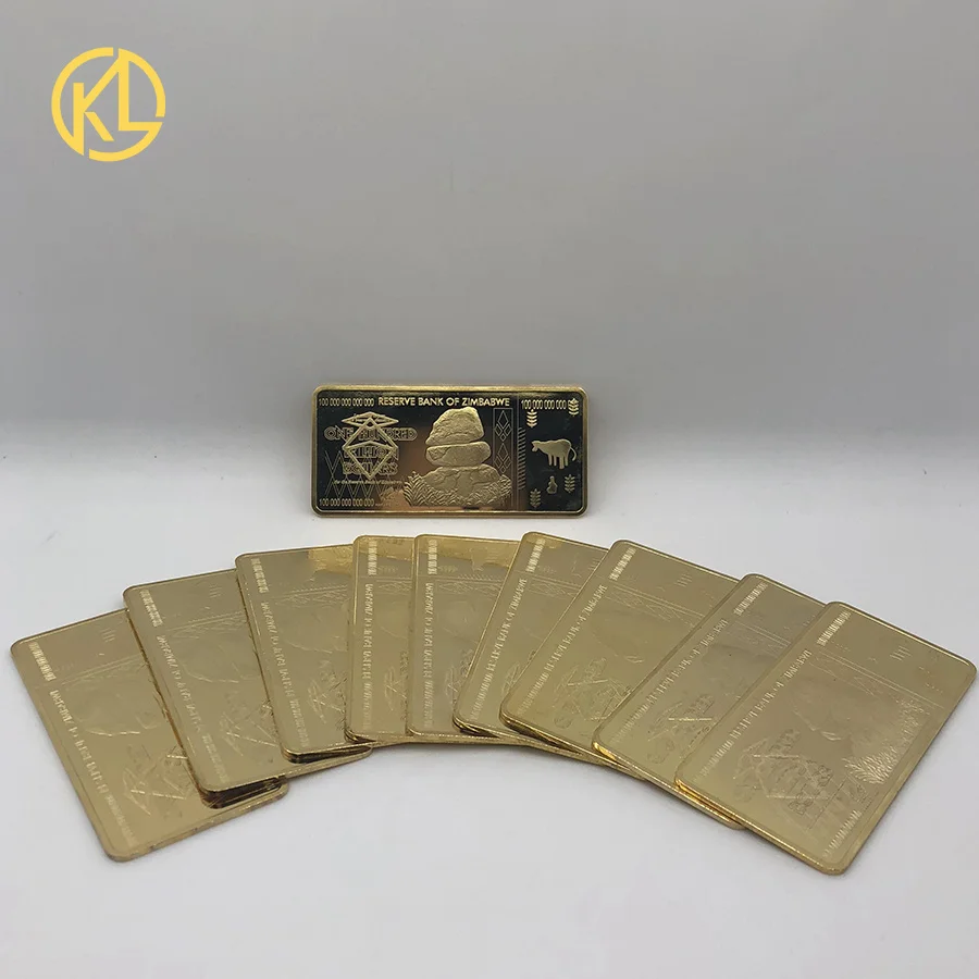 

10pcs 95x45mm Slim 100 Trillion Dollars Zimbabwe Gold Bar Ingot Metal Bullion for Collection Business Gift For Christmas Gifts