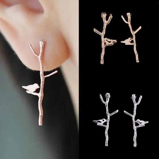 

LNRRABC 2018 new Hot Selll Shape Studs Branches Bird Jewelry Ear Alloy Women 1Pair Concise Earrings Tree jewelry brincos earings