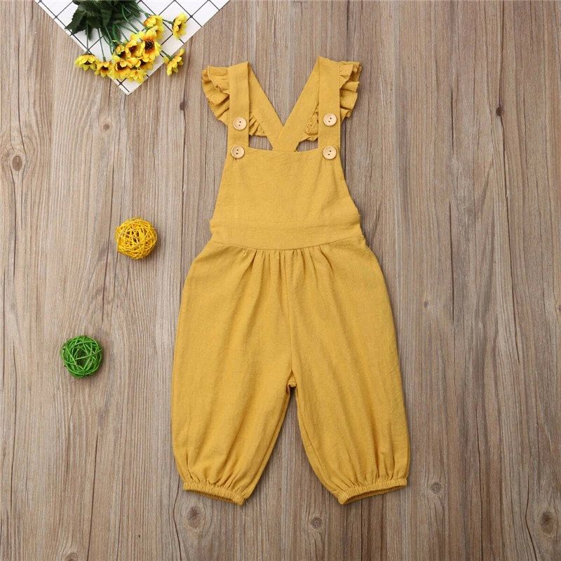 

2019 Yellow Dress Toddler Baby Bib Pants Fly Sleeves Straps Sleeveless Summer Clothes Button Ruffle Elastic Leg For Little Girl