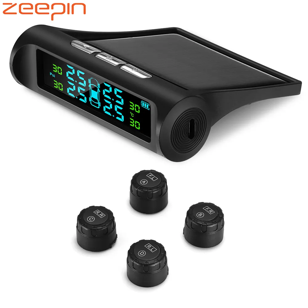

Tyre Pressure Monitoring System Solar Power Charging TPMS Digital LCD Display Auto Alarm System Wireless With 4 External Sensors