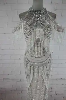 

Sparkly Silver-gray beaded tassel Long Dress Women Costume Prom Celebrate Dresses Sexy Nightclub Evening Wear Dresses