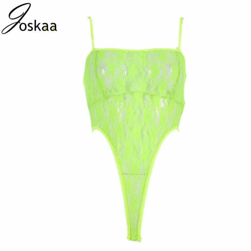 

Joskaa Hot sale sheer lace bodysuit women transparent neon green sexy strap body catsuit 2019 jumpsuit romper neon bodysuits