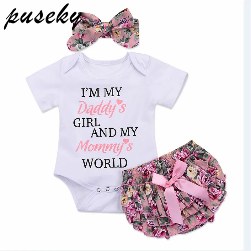 

2018 Brand New 0-24M Cute Infant Baby Girl Clothes Daddy's World Cotton Romper Tops+Floral Bloomers Shorts Headband 3PCS Outfits