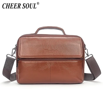 

CHEER SOUL Genuine Leather Men Messenger Bags for men Shoulder Crossbody Bag Male iPad Handbag Tablet Bag Business Briefcase