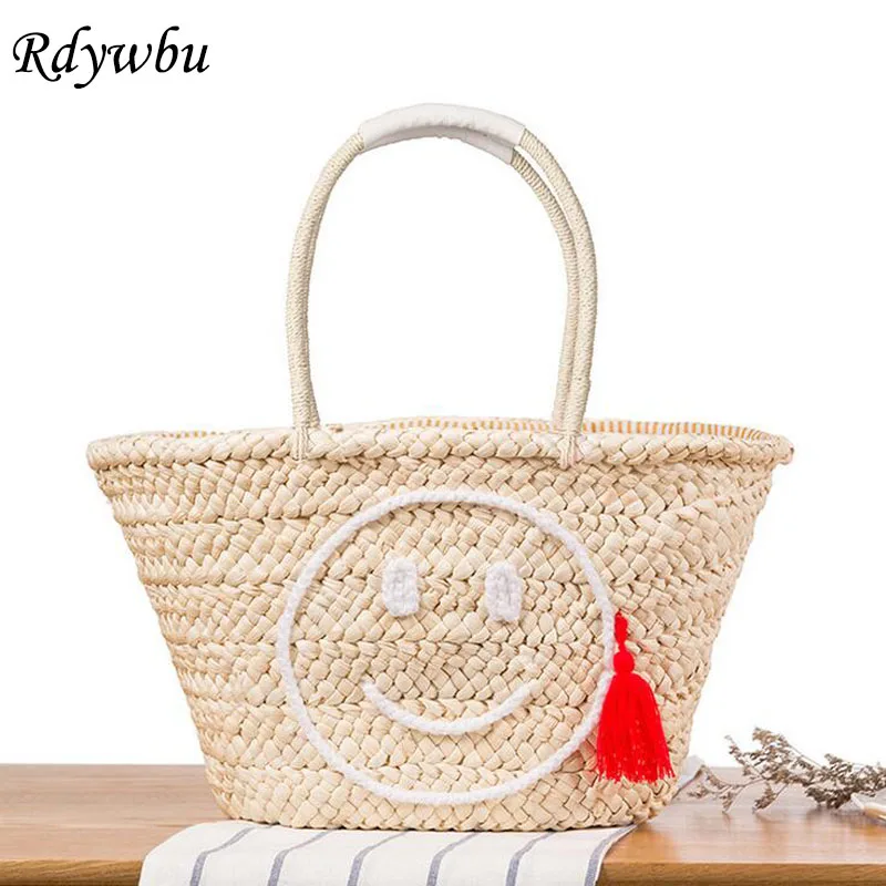 

Rdywbu 2019 Smiling Face Straw Woven Beach Bag Women's Large Handmade Tote Handbag Tessels Weave Travel Shoulder Bag Bolsos B212