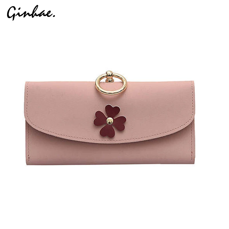 

2019 Fashion Female Flower Solid Long Standard Wallets Vintage PU Leather Sequined Purse For Women Button Cartoon Pocket Bags
