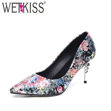 Wetkiss/2017 Новая коллекция, женские туфли-лодочки модные водонепроницаемые туфли с зауженным мыском пикантные туфли с острым носком на высоком каблуке с цветочным принтом весенние женские туфли-лодочки