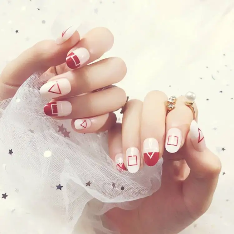 

24 pcs Adhesive White Red Press On Fake Nails With Geometric Designs Long Oval False Nail Tips Full Cover Artificial Nail Art