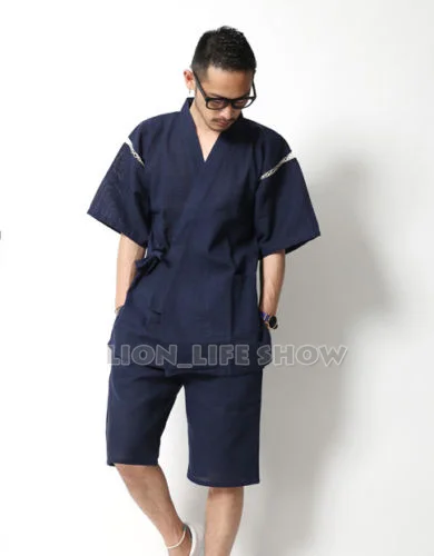 Japanese Kimono 2PCS Set Men Jinbei Japanese Kimono Short Sleeve Sleepwear Pajama Loungewear