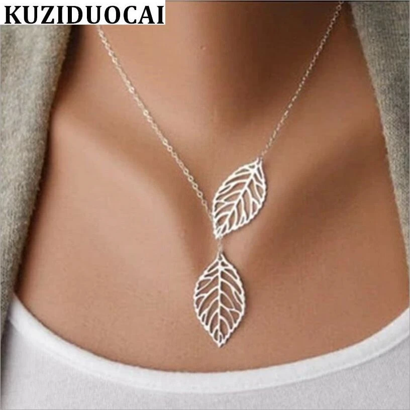 

Kuziduocai New Fashion Jewelry Bohe Metal Double Leaves Tassel Choker Necklaces & Pendants For Women Collier Colar Kolye N-97