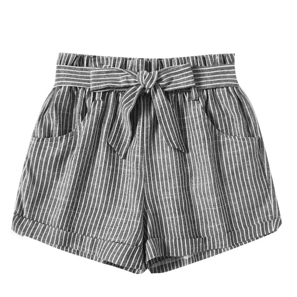 

Women's Shorts Striped Vertical Waist Elastic Self Tie Front Shorts Gray Womens Shorts Waist High Summer Bermudas Straight B4