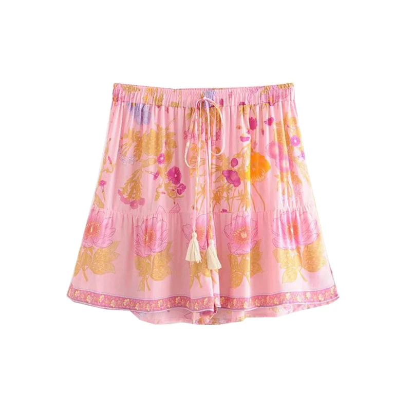 

GYPSY Boho Chic Summer Vintage Floral Shorts Women Fashion Elastic Waist Drawstring Tassel Beach Style Short Pants Pantalon