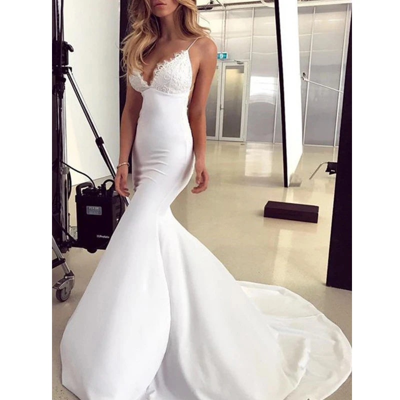 

White Wedding Dresses 2019 Vintage Plus Size Mermaid V Neck Vestido De Novia Bridal Gowns Robe De Mariee Custom Made Dress