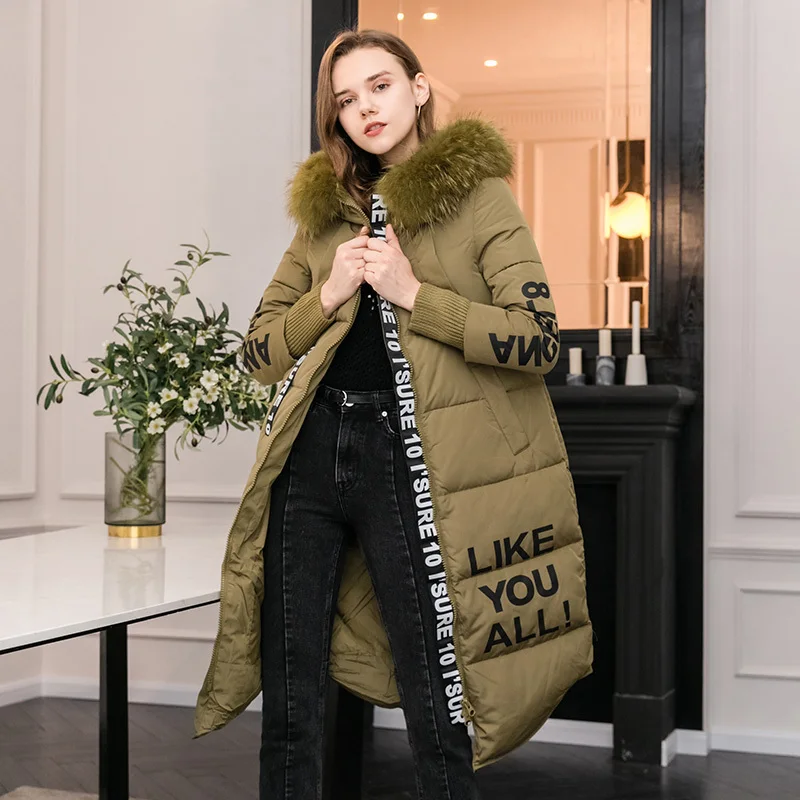 

Female Winter Thick Warm Parka Real Large Fur Collar Hooded Long Down Jacket Ladies Fashion Letter Print Casual Outerwear Z372