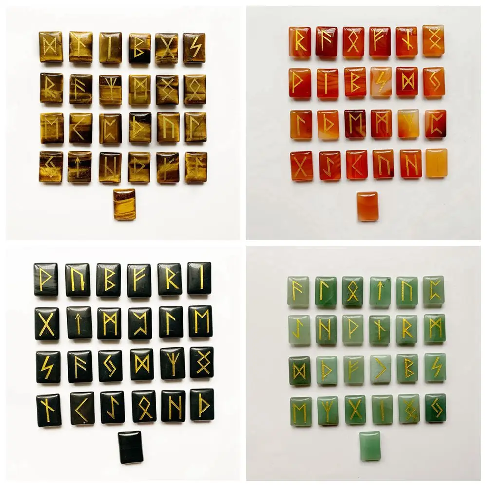 

Natural Stone Runes Viking Symbol Nordica Amulet Rune Stone Set Divination Carnelian Tiger Eye Aventurine Obsidian 25pcs