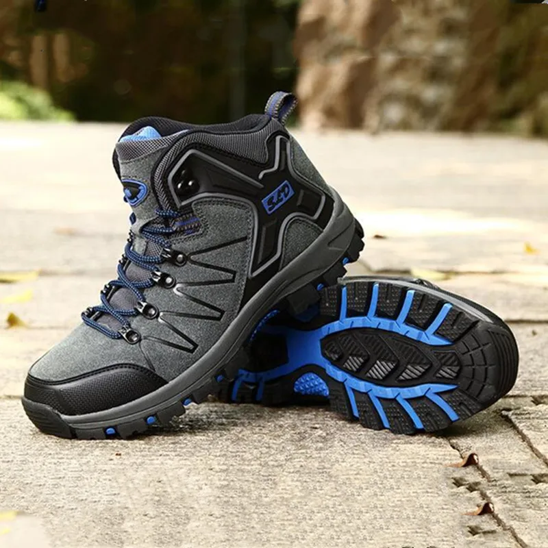 Уличная Высокая походная обувь мужская альпинистская Водонепроницаемая прогулочная обувь противоскользящие кроссовки Удобная дорожная обувь - Цвет: Grey Blue