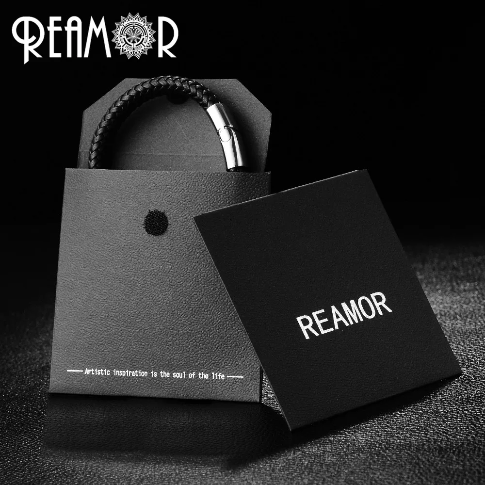 REAMOR 100% натуральная кожа/PU плетеный браслет из нержавеющей стали магнитный с