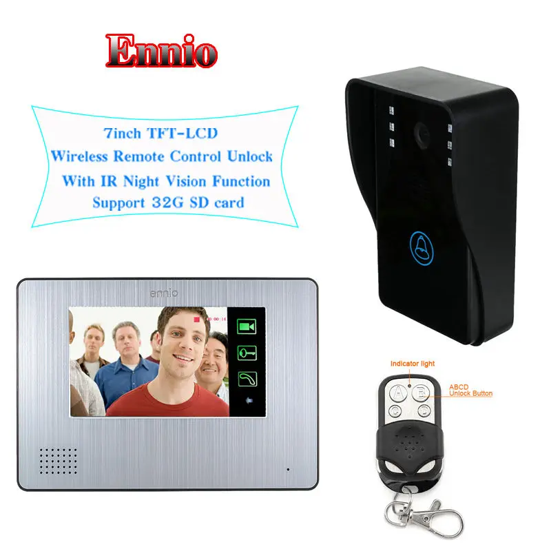 

Free Shipping! 7" LCD Ennio Video Door Phone Doorbell IR Night wireless Remote Control Unlock
