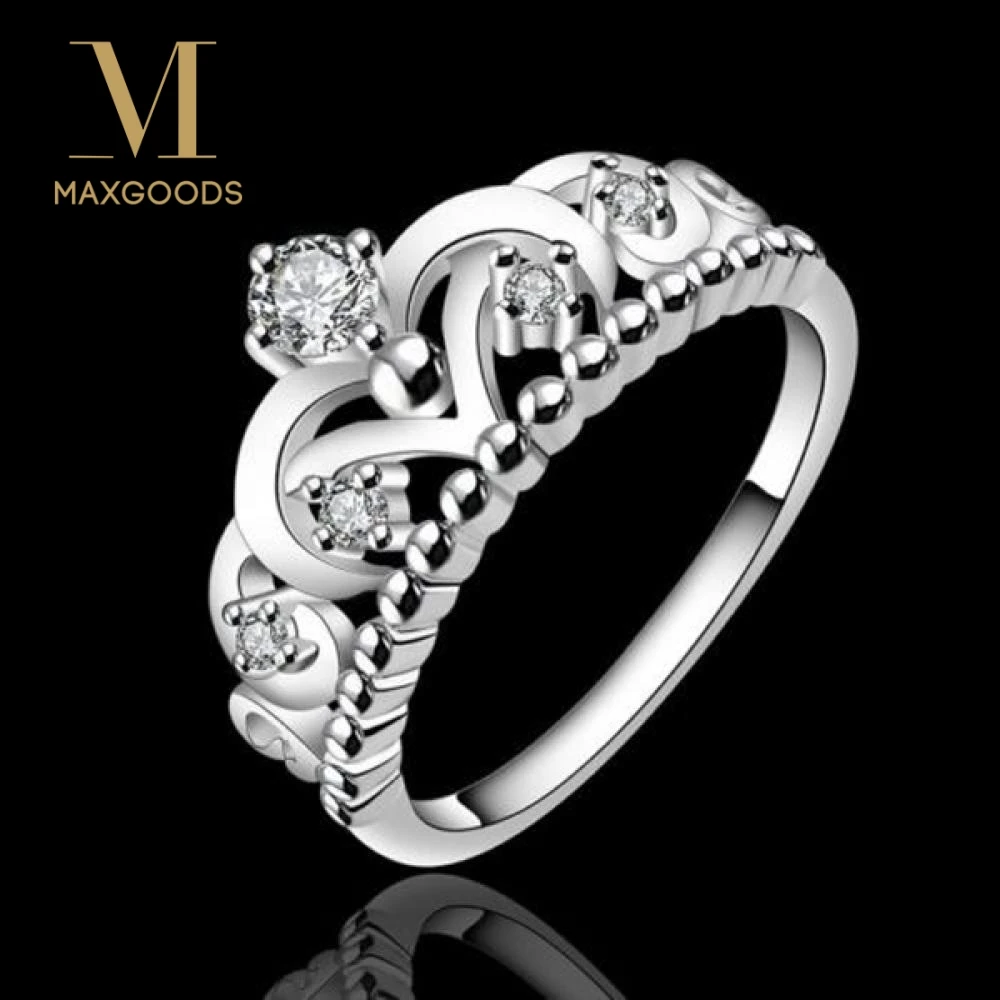 

Women Lady Princess Crown Silver Plated Jewelry Women Ring Zircon Fashion Ring Gift Size 7 8