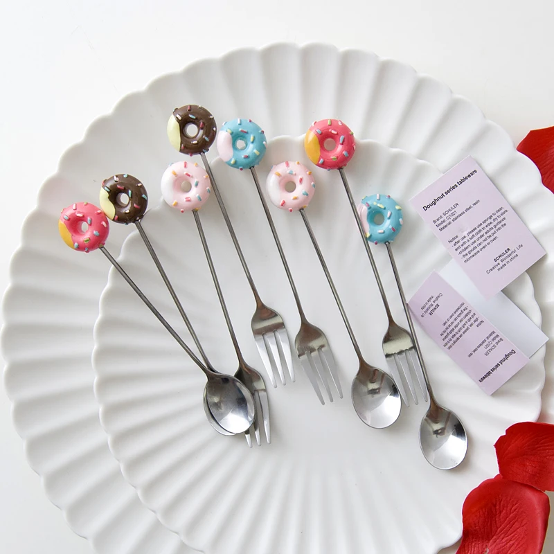 304 Stainless Steel Doughnut Spoon Fork Coffee Dessert Tea Ice Cream Spoons Forks Stirring Candy Cute Cartoon Teaspoon