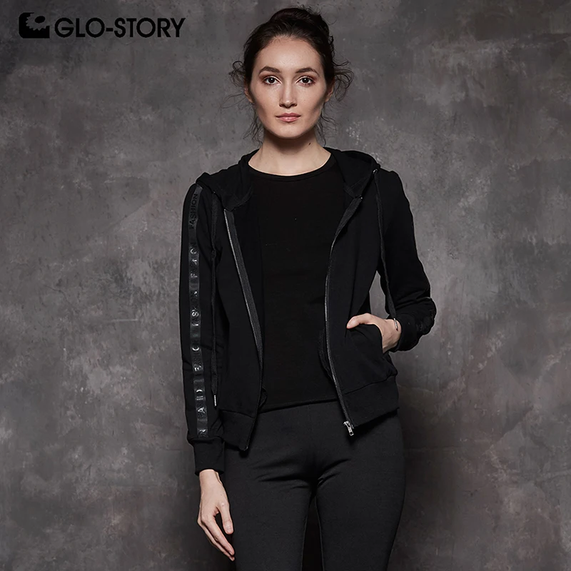 

GLO-STORY 2018 Fashion Women Casual Zip-up Sweatshirts with Tape Long Sleeve Drawstring Hoodies Autumn Lady's Tops WPU-7489