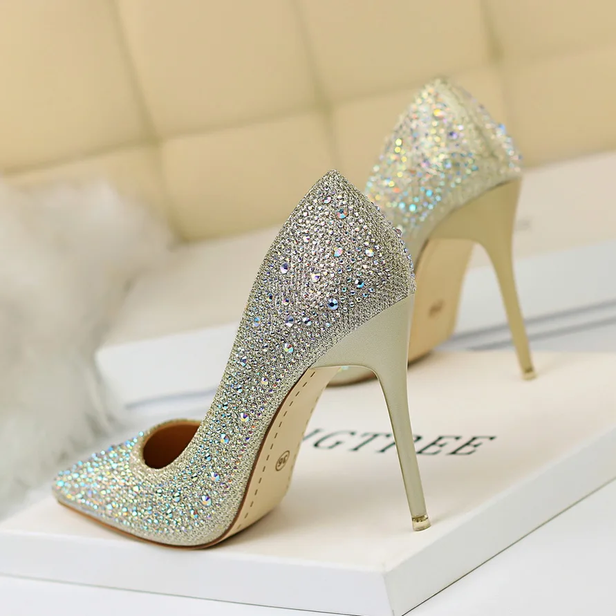 BIGTREE/обувь на высоком каблуке г. Женские туфли-лодочки на тонком каблуке с серебряными стразами женские свадебные туфли на шпильке с блестками