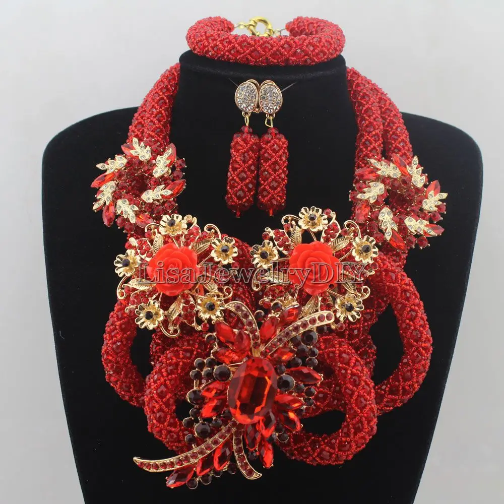 Красный новейший модный комплект ювелирных изделий из хрустальных бусин нигерийский Свадебный индийский Африканский Свадебный комплект ювелирных изделий HD7507