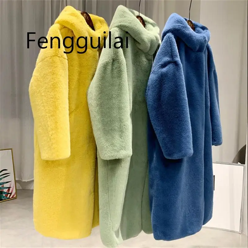 

FENGGUILAIAutumn Winter Mink Women Fur Coat Clothes Plus Size Korean Faux Fur Streetwear Hooded Loose Thick Warm Long Coat Femal