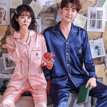 

Couples Pajama Spring Autumn Long sleeve Silk Satin Sleepwear Nightwear Pyjamas Men And Women match lovers Lounge Pajamas Set
