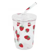 300ml Heat-Resisting Clear Lovely Strawberry Pattern Coffee Juice Drinking Water Glass Cup with Straw Lid