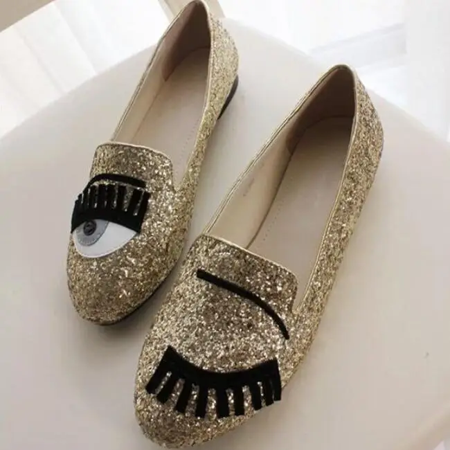 New 2016 women fashion big eye eyelash flat shoes lady brightly glitter loafer shoes Free Shipping