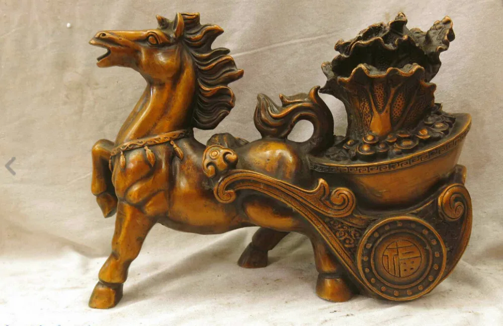 

9" China bronze copper luck auspicious horse pull money cabbage Sculpture Statue