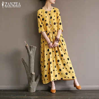 

2020 ZANZEA Vintage Polka Printed Maxi Dress Women's Summer SundressCasual Long Sleeve Tunic Vestidos Female Half Sleeve Robe