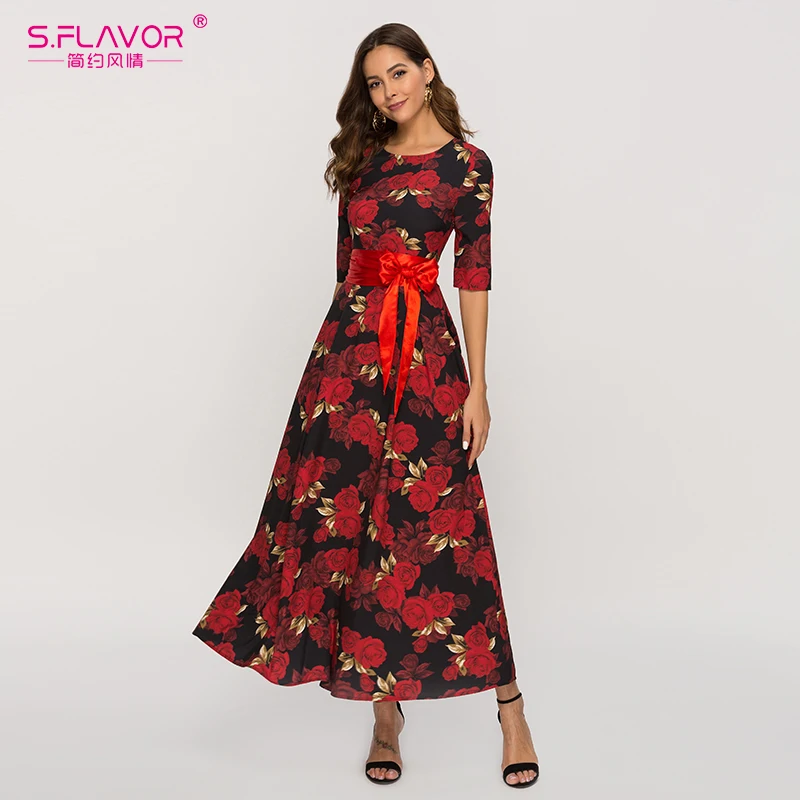 S. FLAVOR, женское длинное платье с коротким рукавом, весна, модное Повседневное платье с О-образным вырезом, богемное платье
