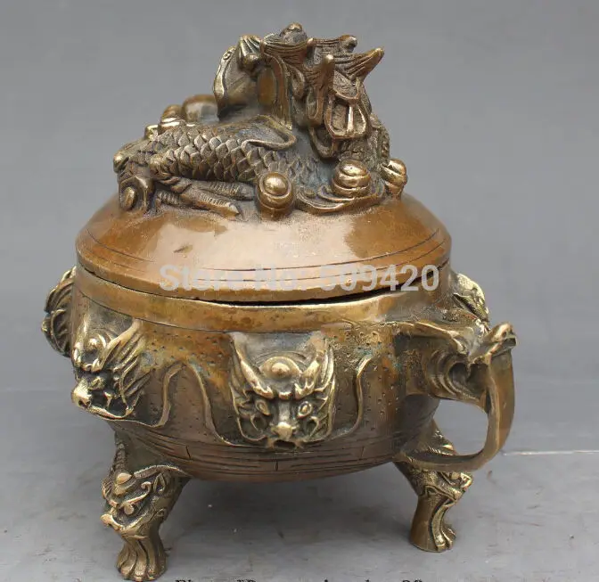 

7" Chinese Bronze Feng Shui Zodiac 9 Dragon Beast Incense Burner Censer Statue