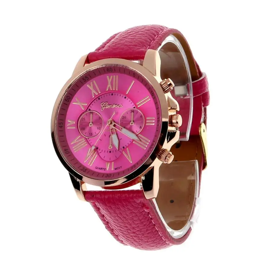Топ Брендовые Часы из Женевы Женские повседневные часы с римскими цифрами для женщин pu кожа кварцевые наручные часы Relogio золотые часы - Цвет: Hot Pink