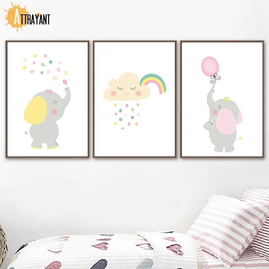 

Elephant Cloud Rainbow Pink Balloon Wall Art Canvas Painting Nordic Posters And Prints Animal Wall Pictures Baby Kids Room Decor