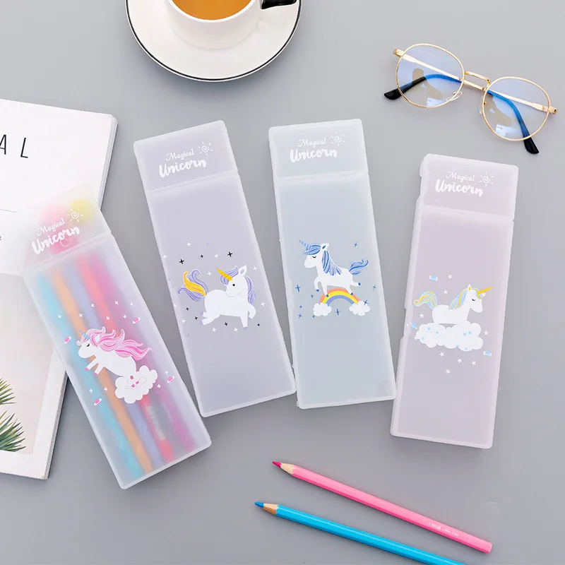 

1pcs Kawaii Unicorn Pencil Pouch Frosted Plastic Pencil Bag Simple Transparent Pencil Pen Storage Box Stationery Office Suppliy